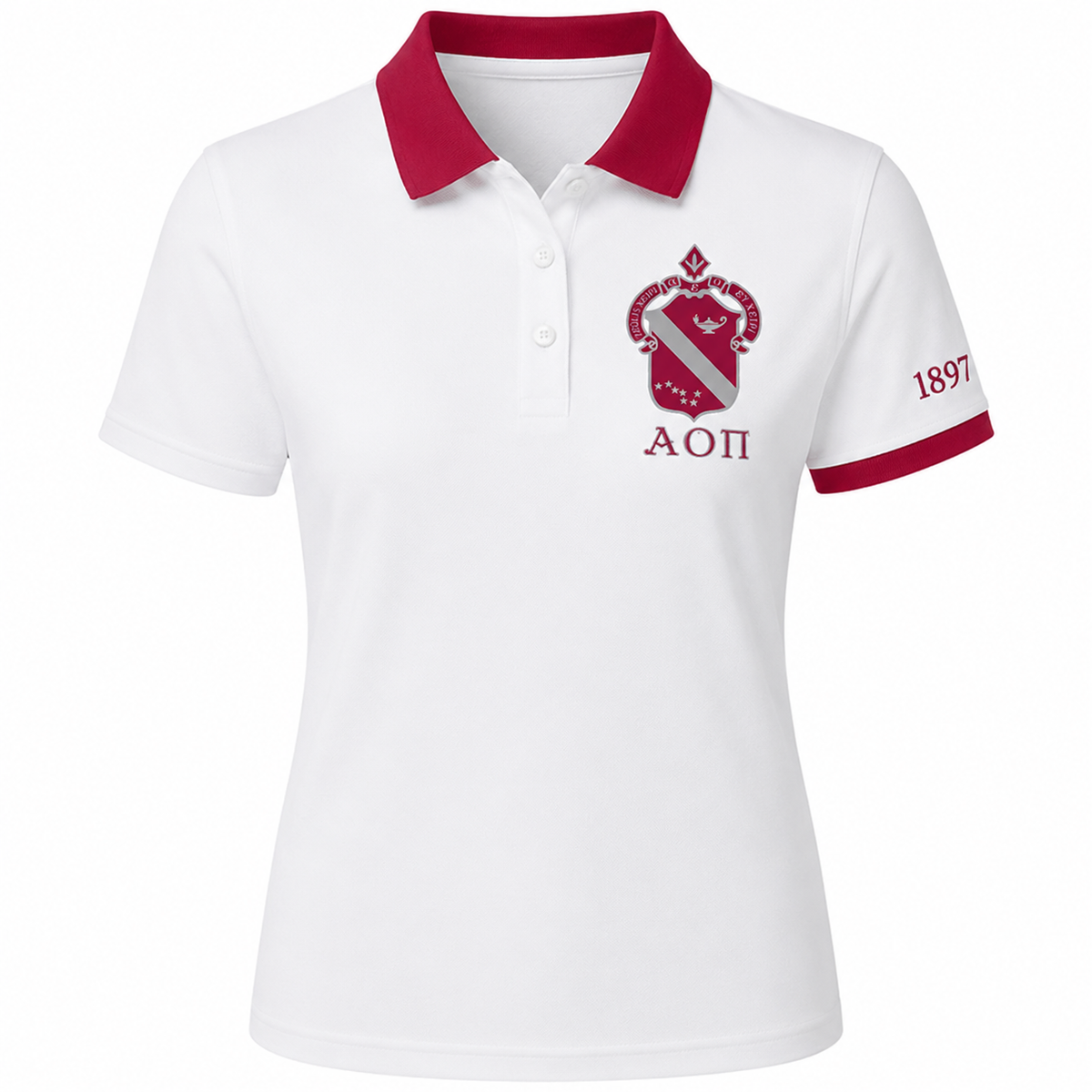 2 Tone White & Cardinal Alpha Omicron Pi Embroidered Polo Shirt – Personalized Sorority Polo - product image 2