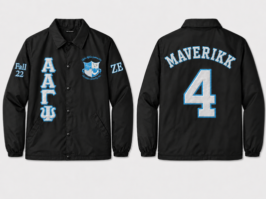 Black Personalized Embroidered Line Jacket – MAVERIKK #4 | Sapphire & Silver – Personalized | Pirani9