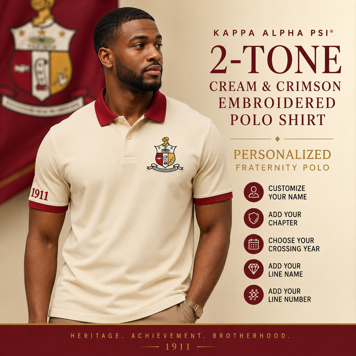2 Tone Cream & Crimson Kappa Alpha Psi Embroidered Polo Shirt – Personalized Fraternity Polo - product image 1