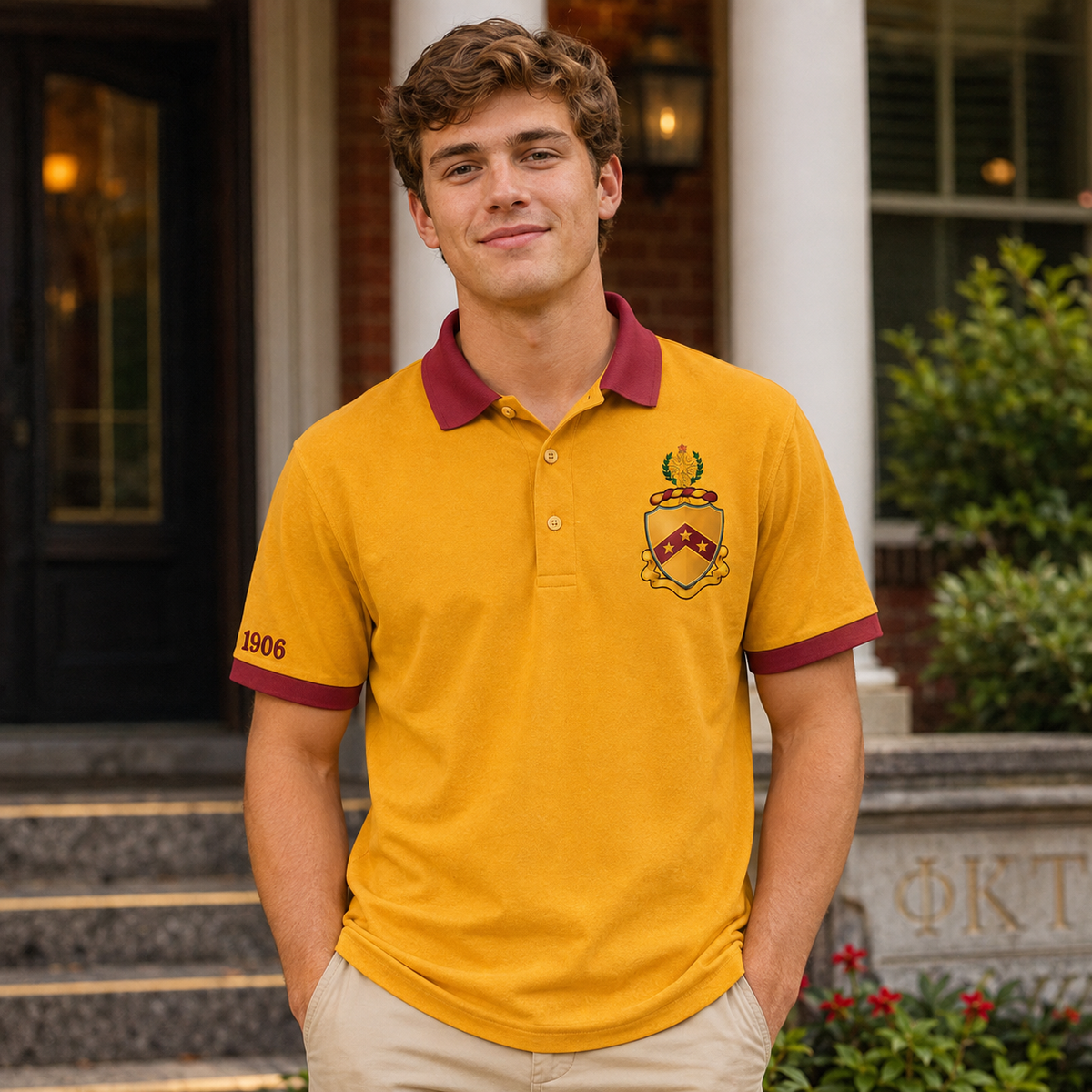 2 Tone Old Gold & Harvard Red Phi Kappa Tau Embroidered Polo Shirt – Personalized Fraternity Polo - product image 3