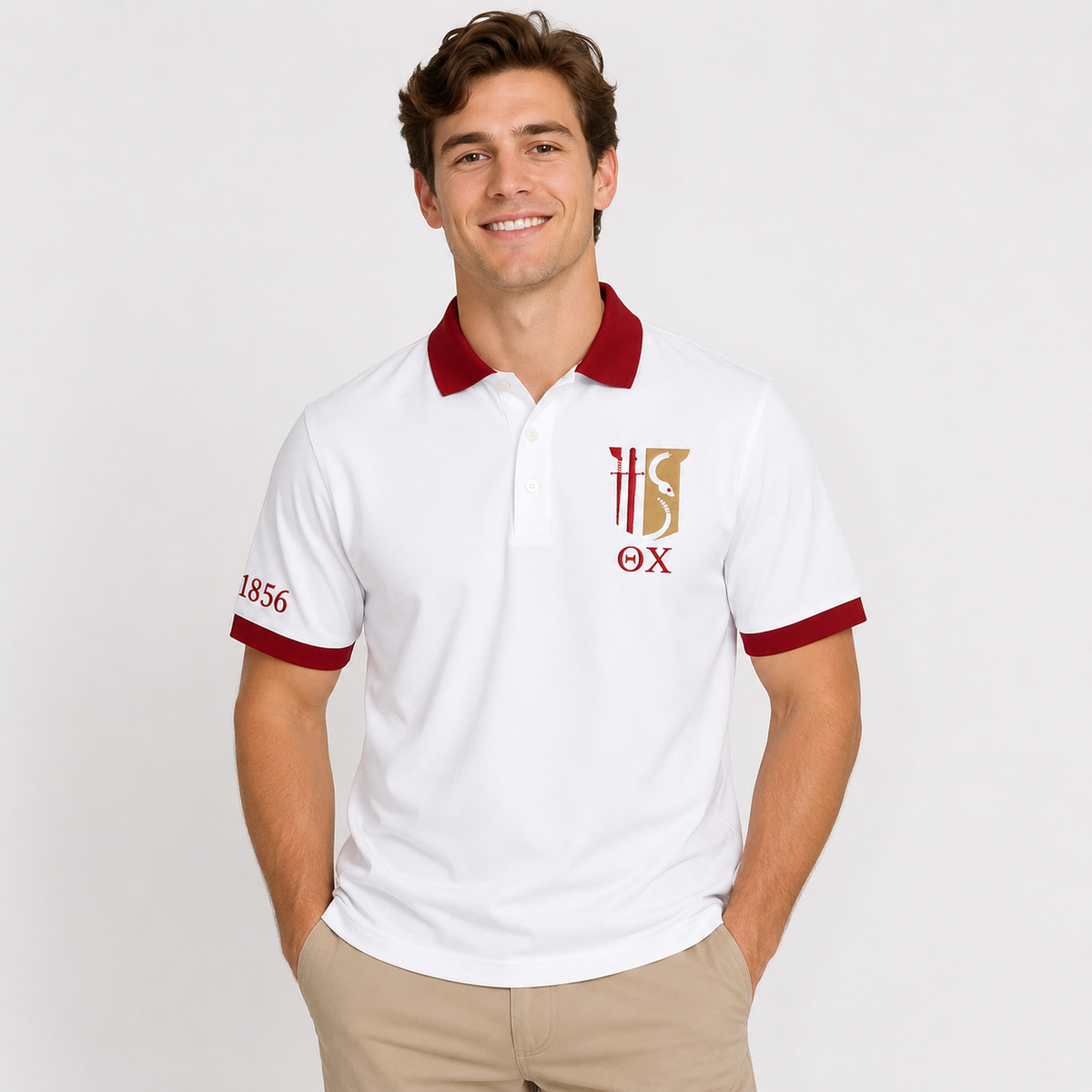 2 Tone White & Military Red Theta Chi Embroidered Polo Shirt – Personalized Fraternity Polo - product image 1
