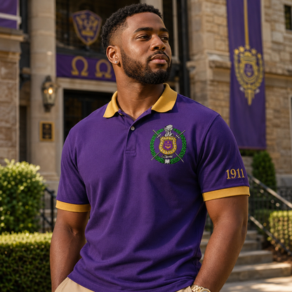 2 Tone Royal Purple & Old Gold Omega Psi Phi Embroidered Polo Shirt – Personalized Fraternity Polo - product image 3