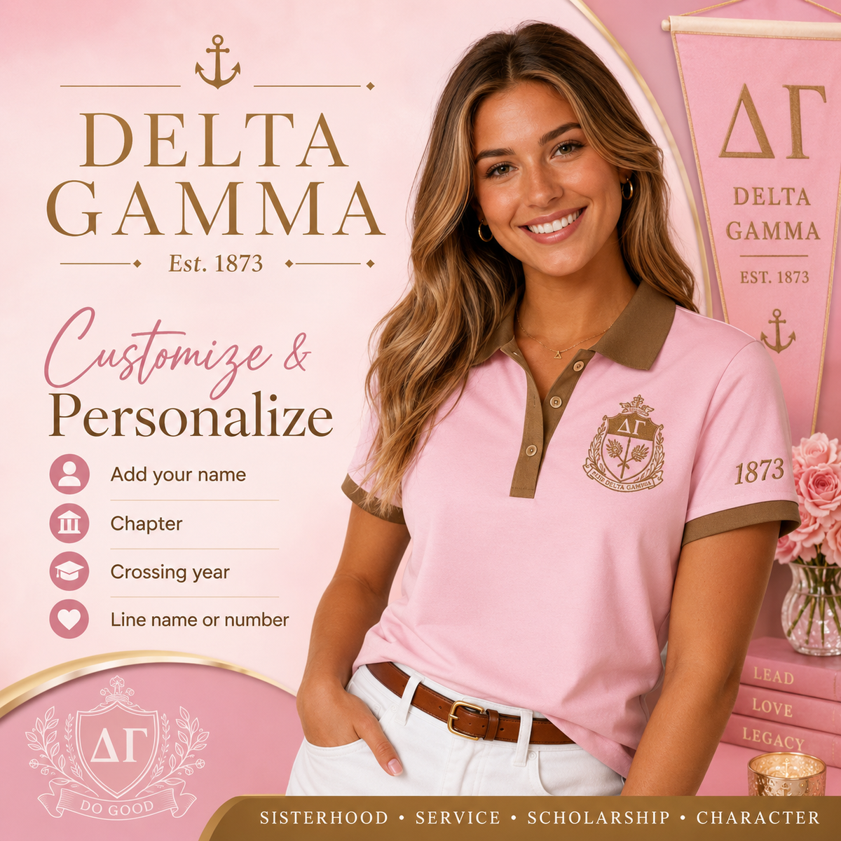 2 Tone Pink & Bronze Delta Gamma Embroidered Polo Shirt – Personalized Sorority Polo - product image 1