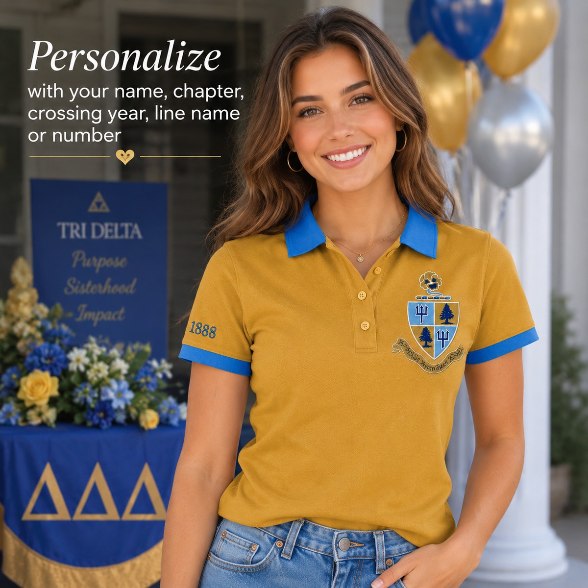 2 Tone Gold & Cerulean Blue Tri Delta Embroidered Polo Shirt – Personalized Sorority Polo - product image 3