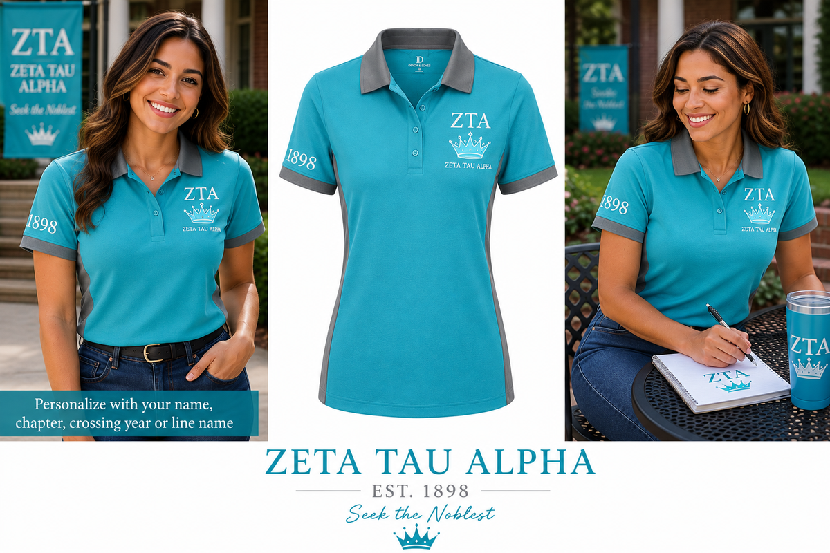 2 Tone Turquoise Blue & Steel Gray Zeta Tau Alpha Embroidered Polo Shirt – Personalized Sorority Polo - product image 1