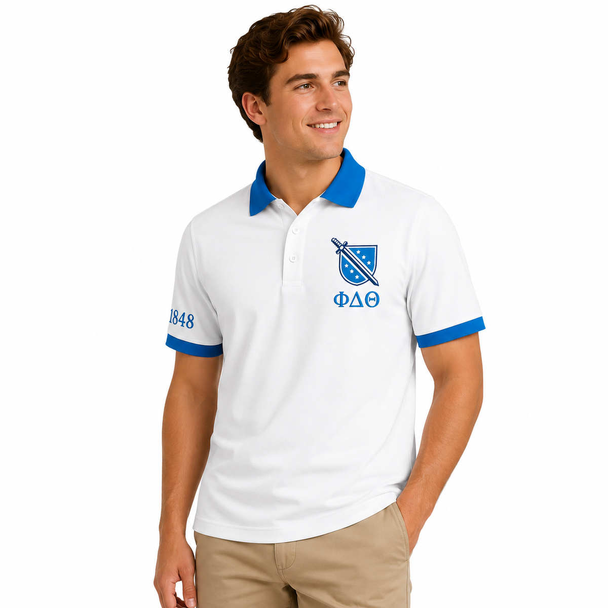 2 Tone Argent White & Azure Blue Phi Delta Theta Embroidered Polo Shirt – Personalized Fraternity Polo - product image 2