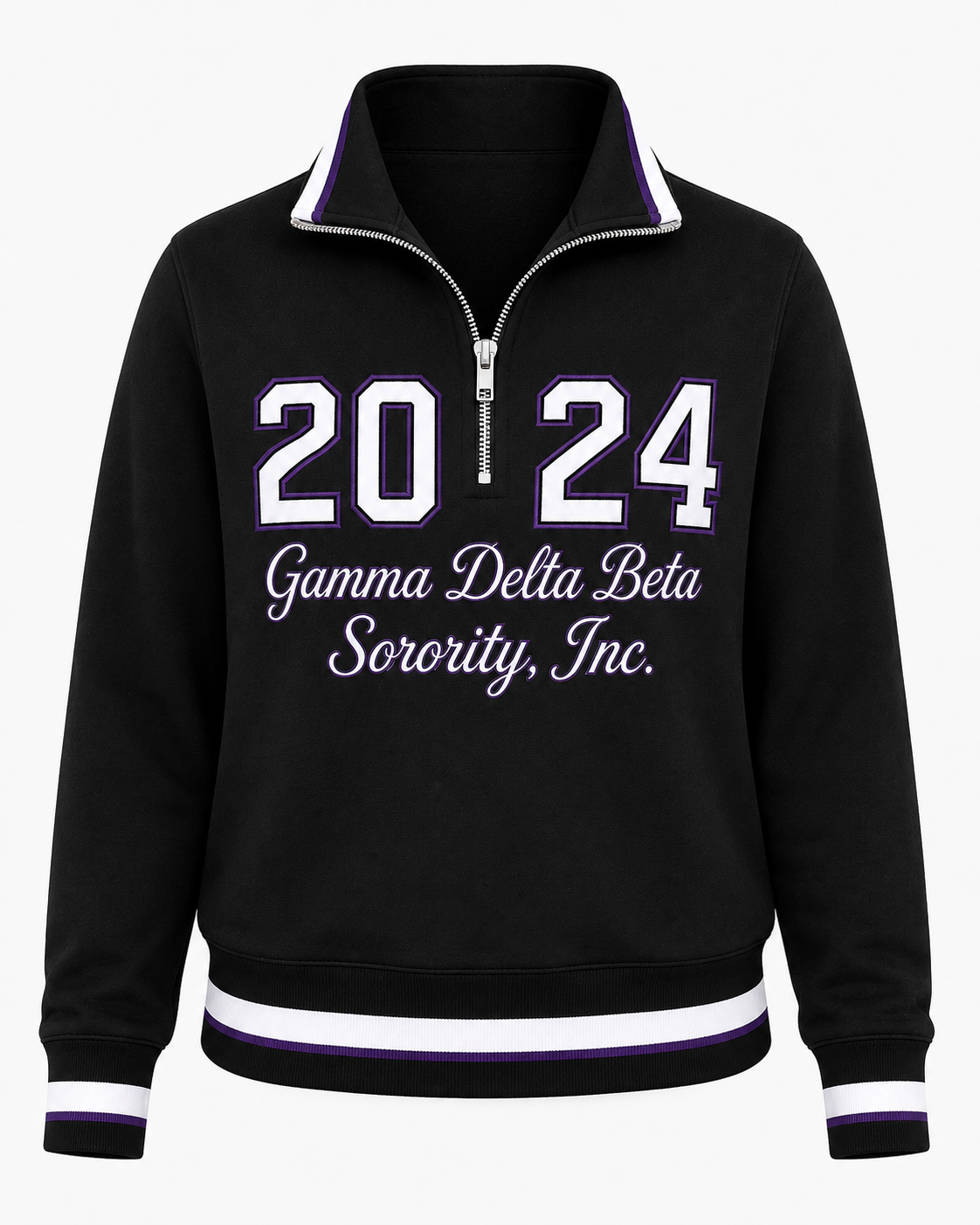 Front view of Gamma Delta Beta black quarter-zip pullover with purple and white 2024 design