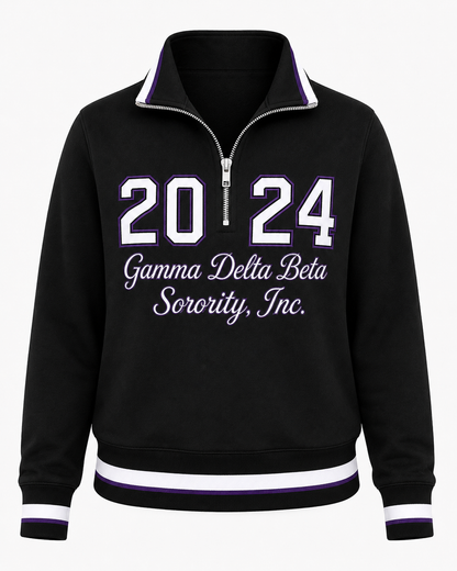Front view of Gamma Delta Beta black quarter-zip pullover with purple and white 2024 design