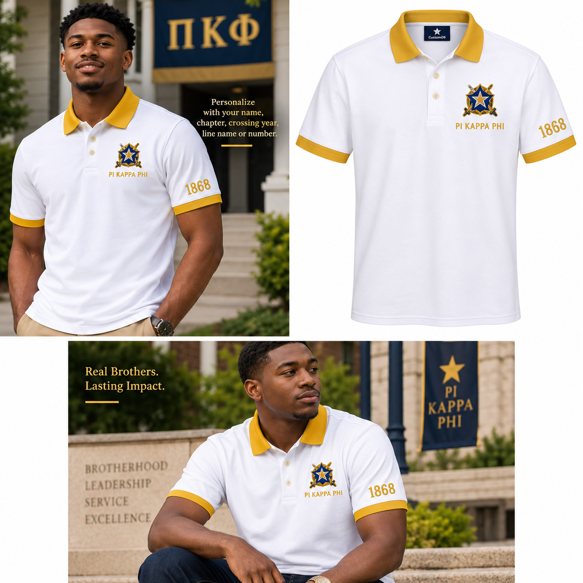 2 Tone White & Gold Pi Kappa Phi Embroidered Polo Shirt – Personalized Fraternity Polo - product image 2