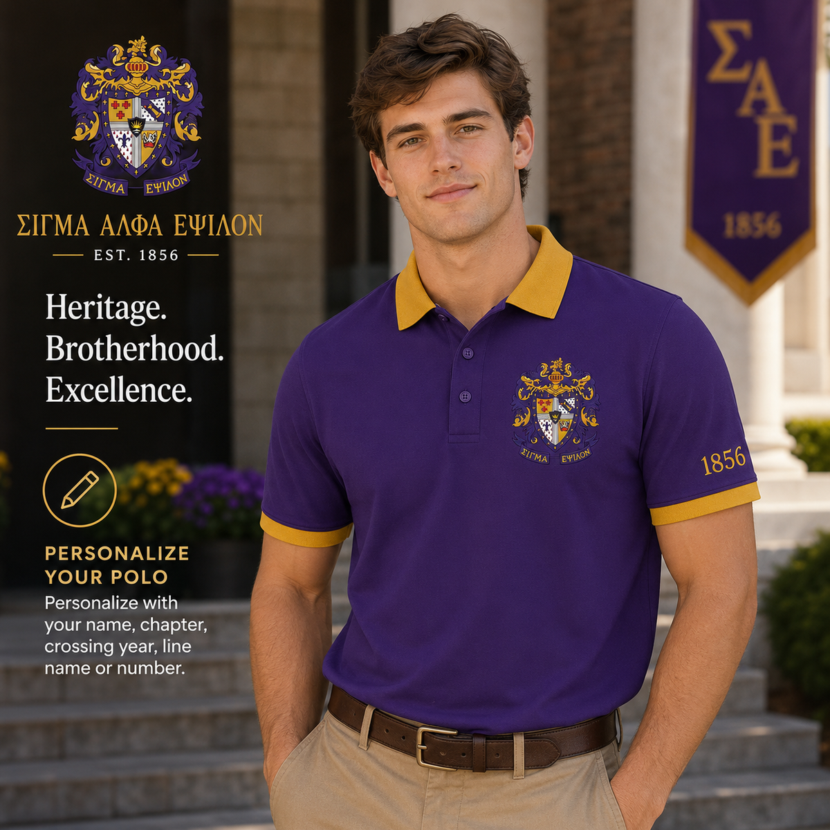 2 Tone Royal Purple & Old Gold Sigma Alpha Epsilon Embroidered Polo Shirt – Personalized Fraternity Polo - product image 1