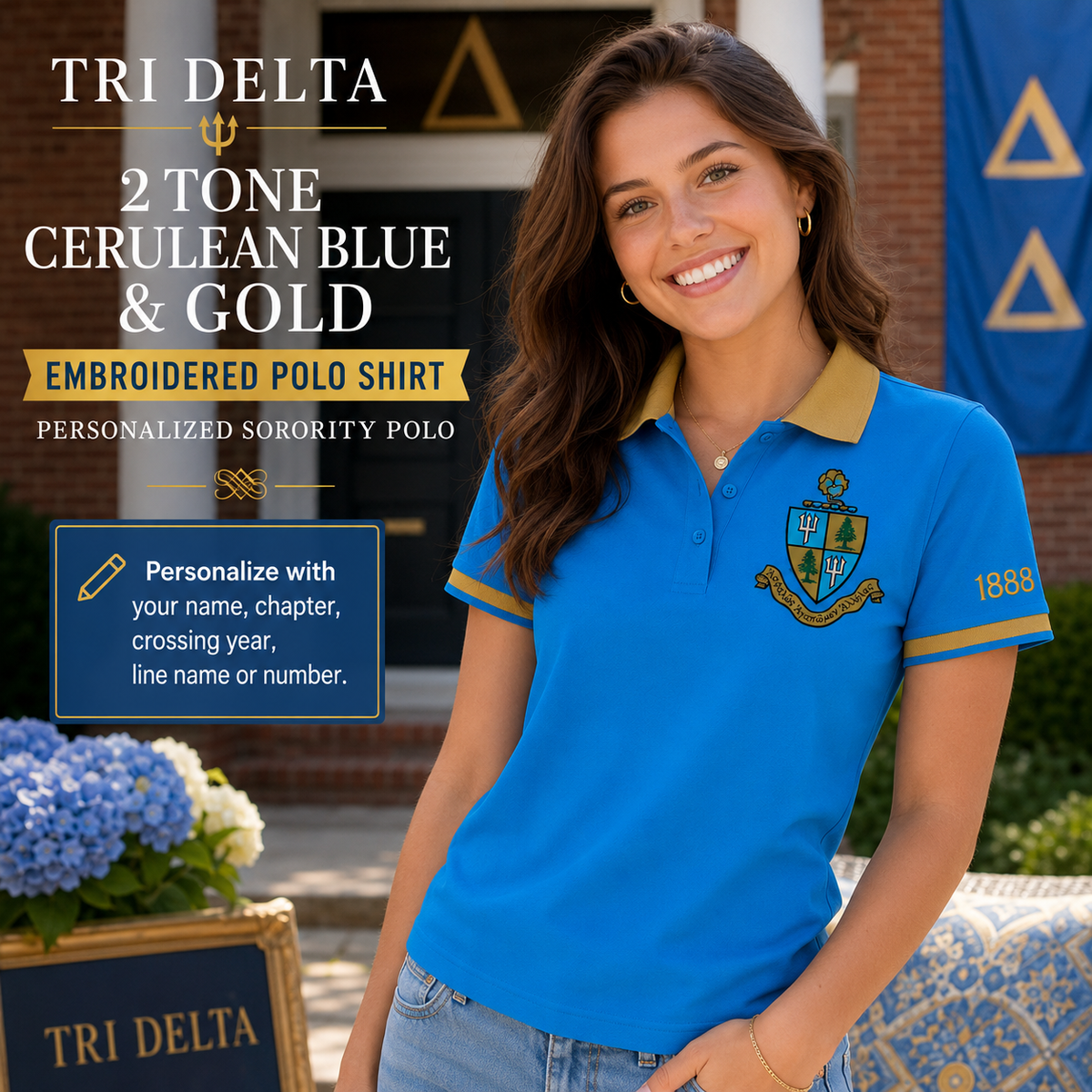 2 Tone Cerulean Blue & Gold Tri Delta Embroidered Polo Shirt – Personalized Sorority Polo - product image 1