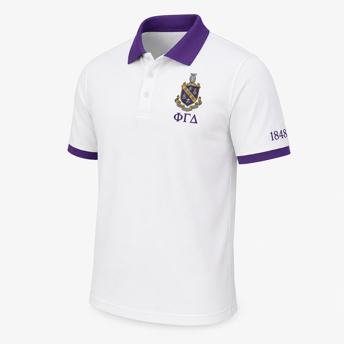 2 Tone White & Royal Purple Phi Gamma Delta Embroidered Polo Shirt – Personalized Fraternity Polo - product image 1