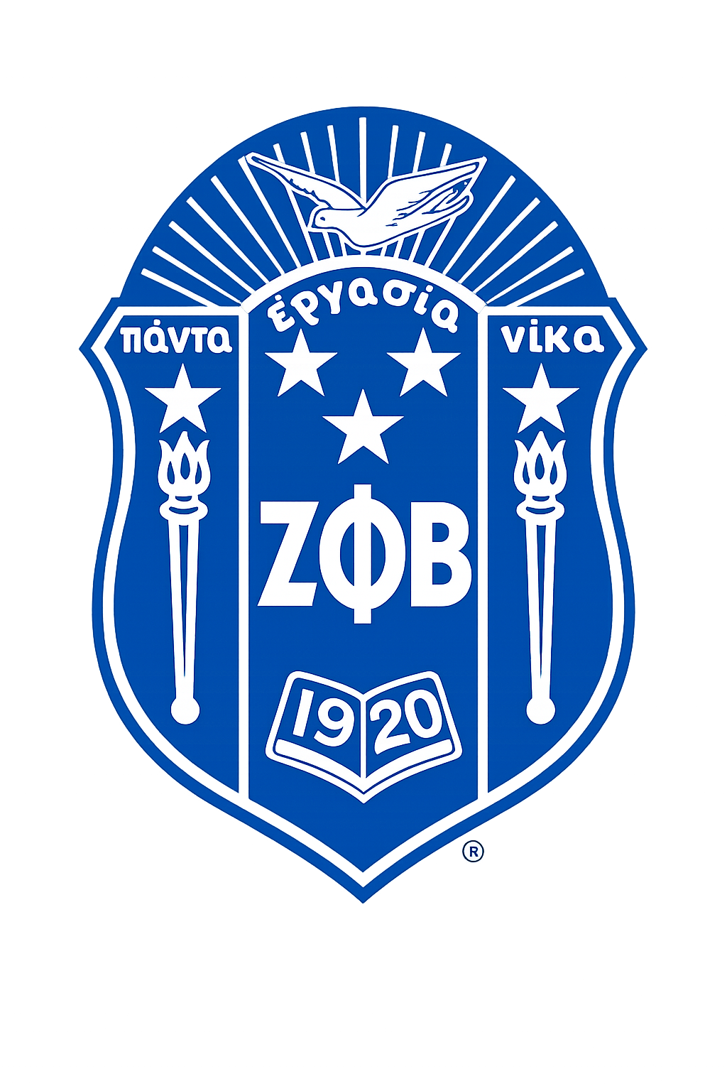 Royal blue and white Zeta Phi Beta shield crest with 1920
