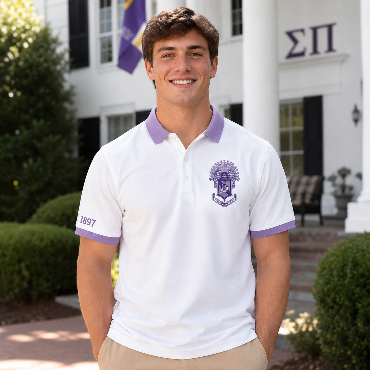 2 Tone White & Lavender Sigma Pi Embroidered Polo Shirt – Personalized Fraternity Polo - product image 3