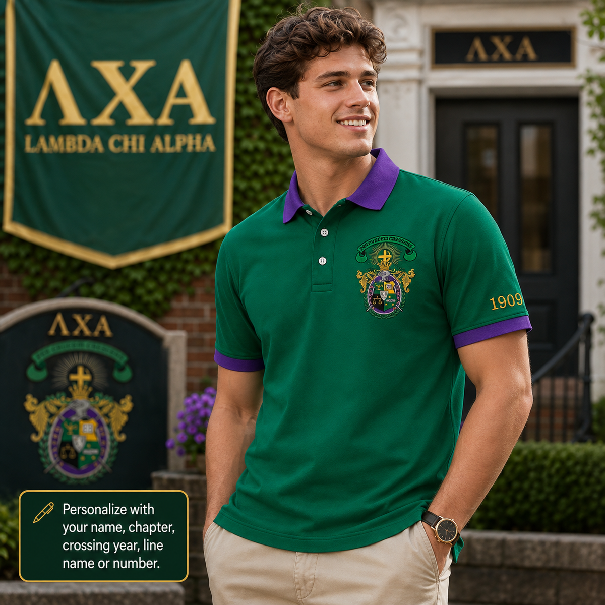2 Tone Green & Purple Lambda Chi Alpha Embroidered Polo Shirt – Personalized Fraternity Polo - product image 1