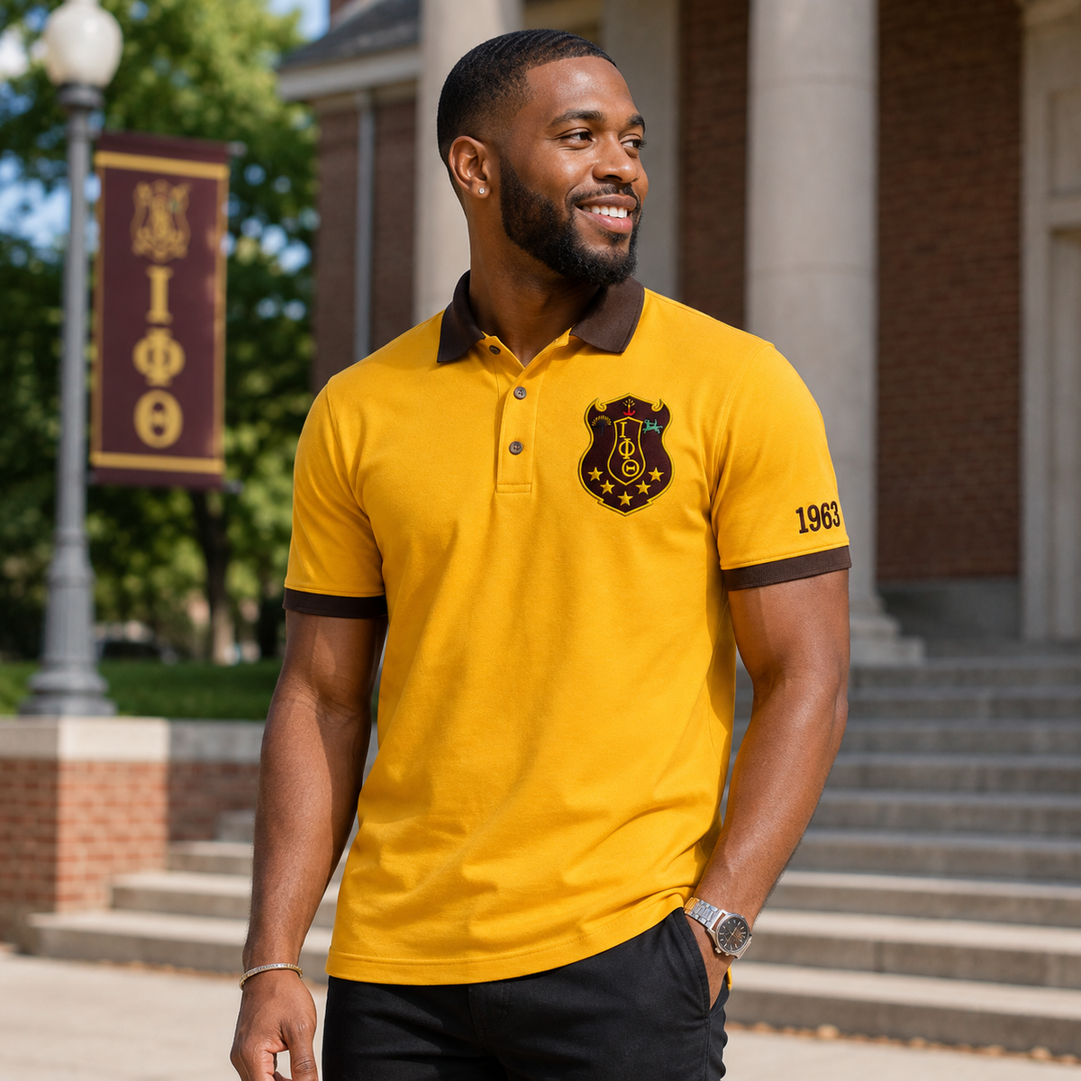 2 Tone Gold & Brown Iota Phi Theta Embroidered Polo Shirt – Personalized Fraternity Polo - product image 3