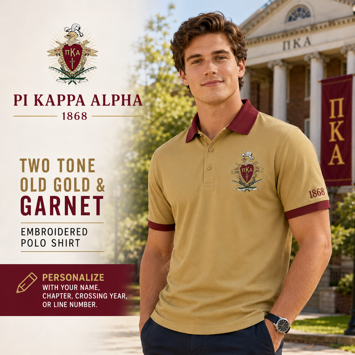 2 Tone Old Gold & Garnet Pi Kappa Alpha Embroidered Polo Shirt – Personalized Fraternity Polo - product image 1