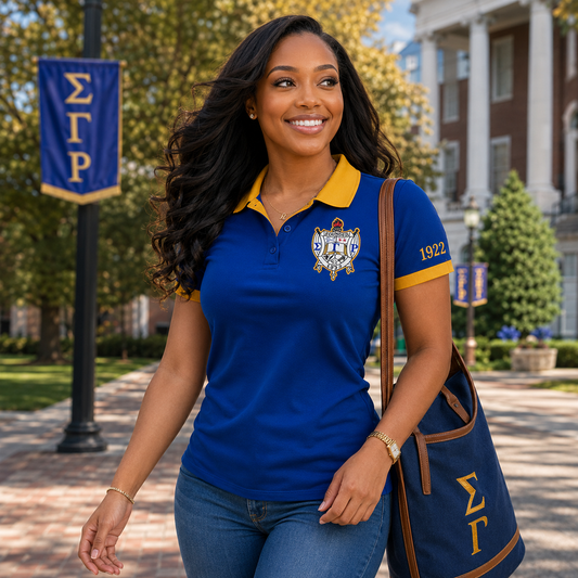2 Tone Royal Blue & Gold Sigma Gamma Rho Embroidered Polo Shirt – Personalized Sorority Polo - product image 1