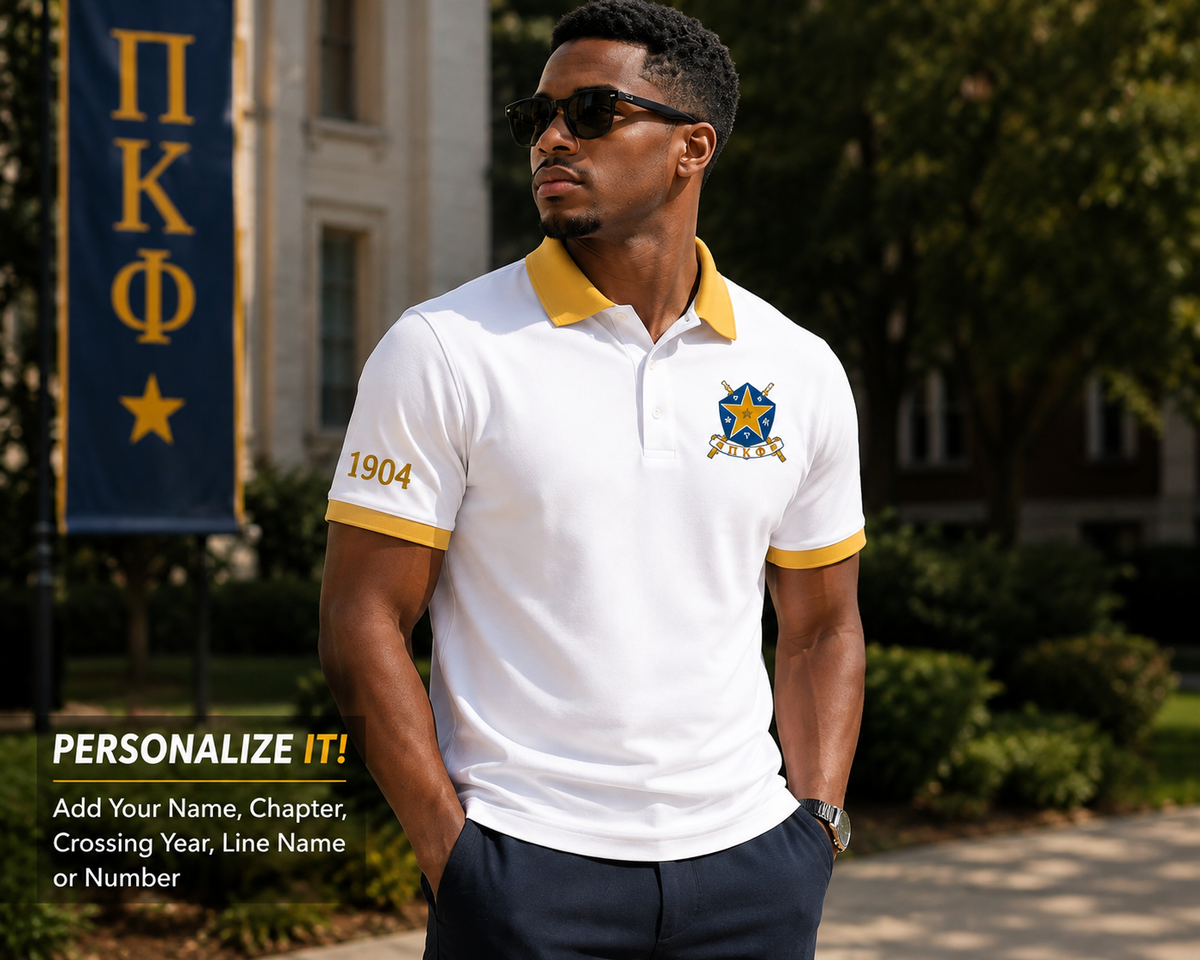 2 Tone White & Gold Pi Kappa Phi Embroidered Polo Shirt – Personalized Fraternity Polo - product image 1