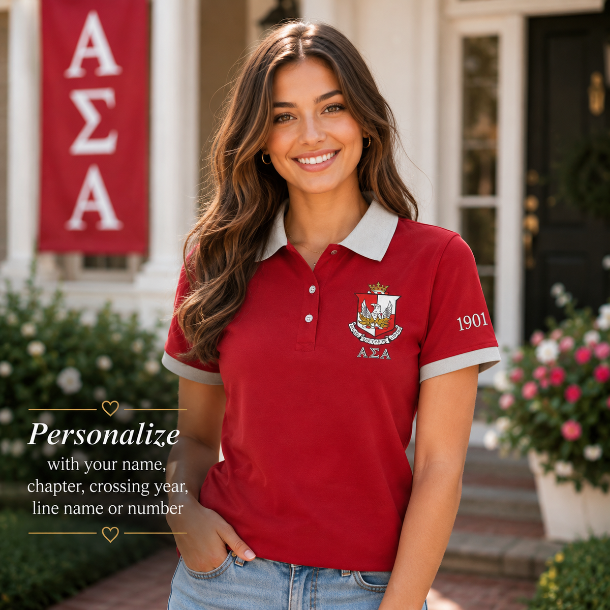 2 Tone Crimson & Silver Alpha Sigma Alpha Embroidered Polo Shirt – Personalized Sorority Polo - product image 1