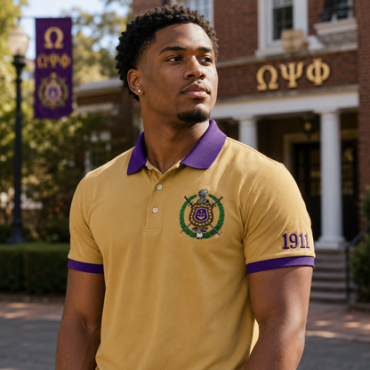 2 Tone Old Gold & Royal Purple Omega Psi Phi Embroidered Polo Shirt – Personalized Fraternity Polo - product image 3