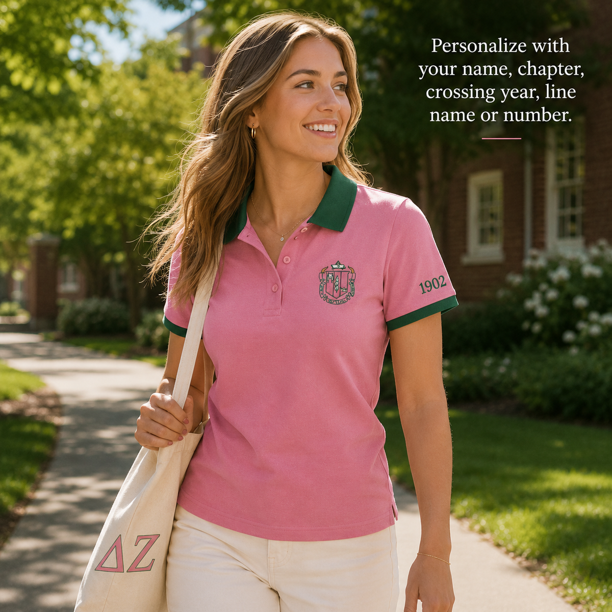 2 Tone Rose & Green Delta Zeta Embroidered Polo Shirt – Personalized Sorority Polo - product image 3