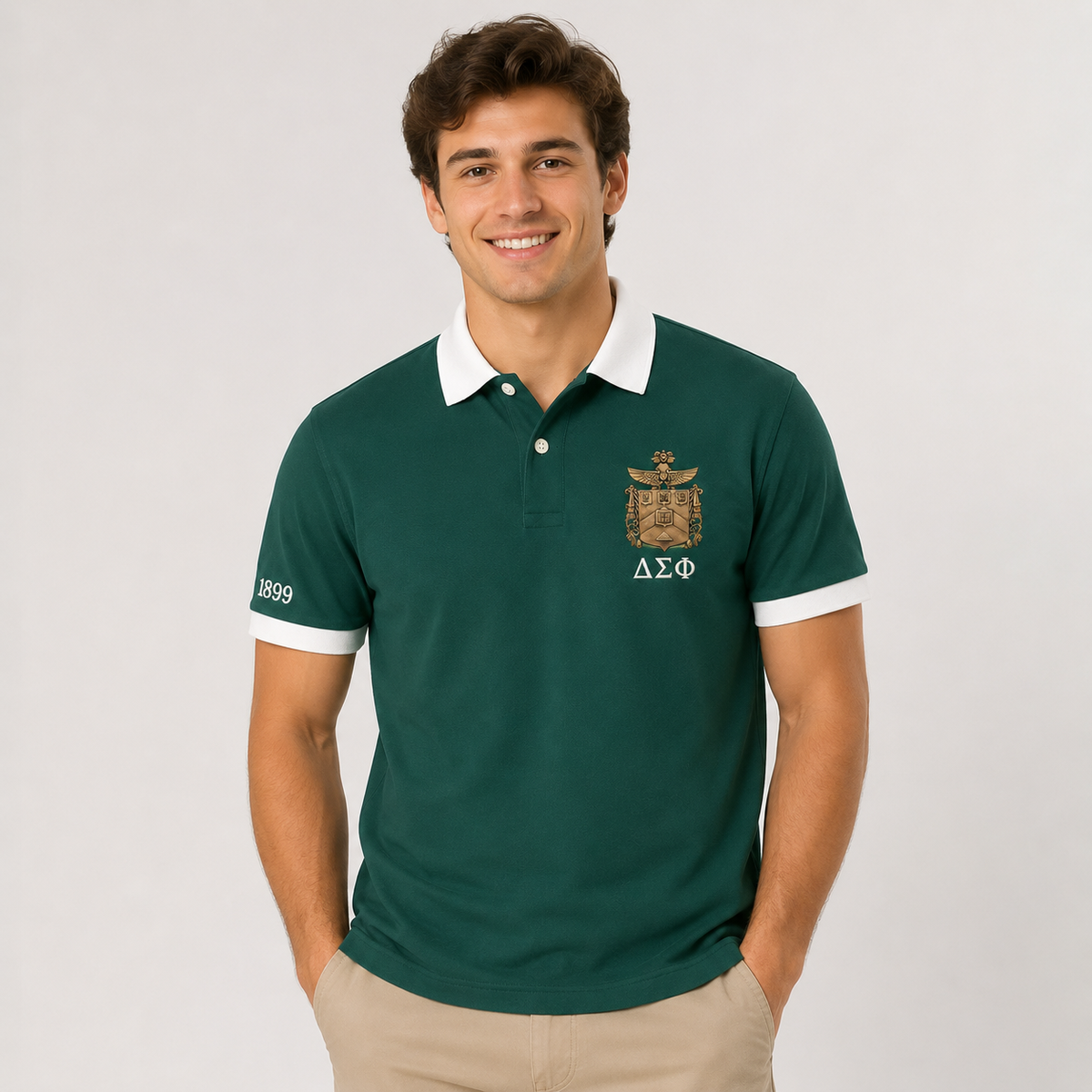 2 Tone Nile Green & Carnation White Delta Sigma Phi Embroidered Polo Shirt – Personalized Fraternity Polo - product image 2