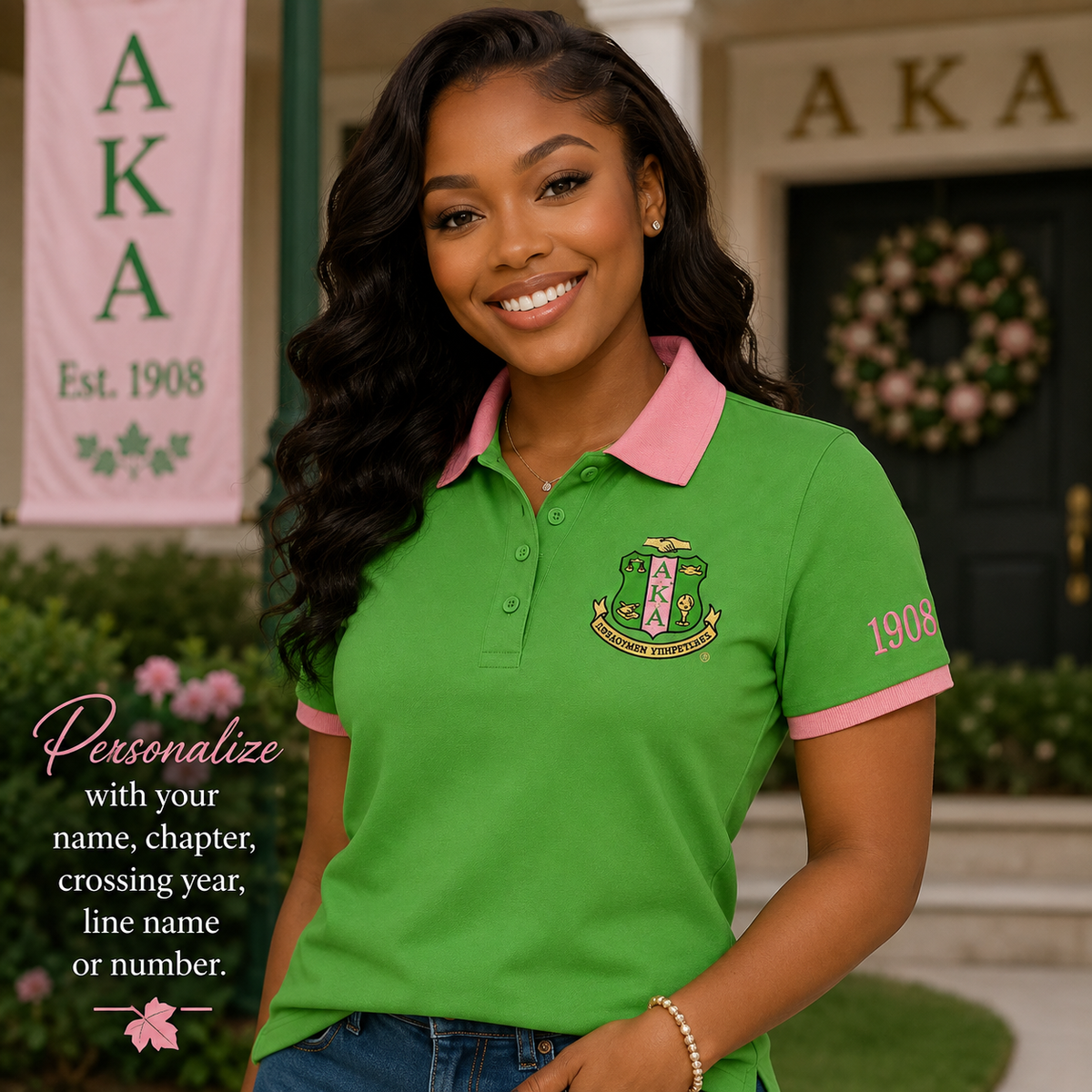 2 Tone Apple Green & Salmon Pink Alpha Kappa Alpha Embroidered Polo Shirt – Personalized Sorority Polo - product image 3