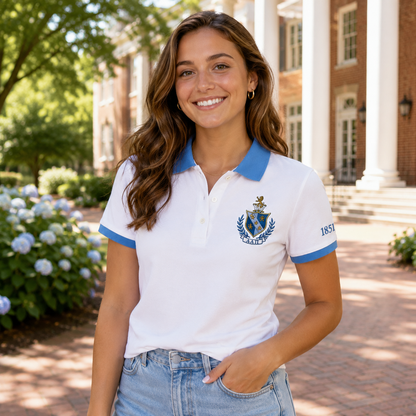 2 Tone White & Azure Blue Alpha Delta Pi Embroidered Polo Shirt – Personalized Sorority Polo - product image 2