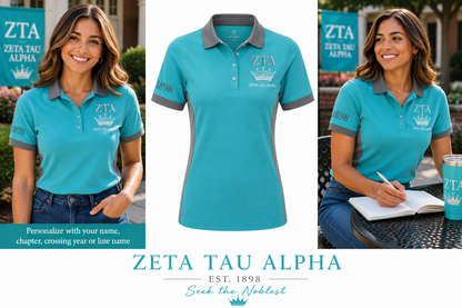2 Tone Turquoise Blue & Steel Gray Zeta Tau Alpha Embroidered Polo Shirt – Personalized Sorority Polo - product image 2