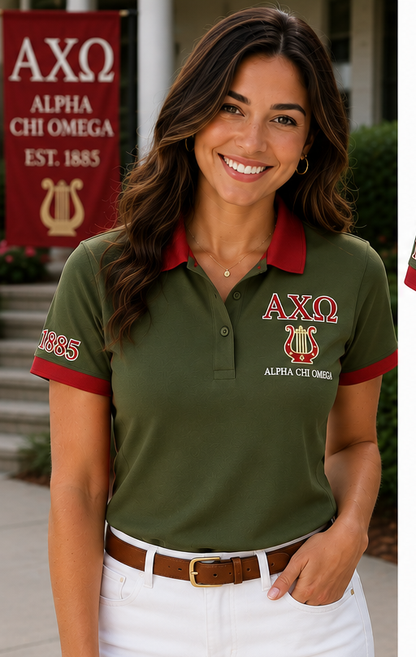 2 Tone Olive Green & Scarlet Alpha Chi Omega Embroidered Polo Shirt – Personalized Sorority Polo - product image 1