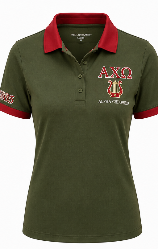 2 Tone Olive Green & Scarlet Alpha Chi Omega Embroidered Polo Shirt – Personalized Sorority Polo - product image 2