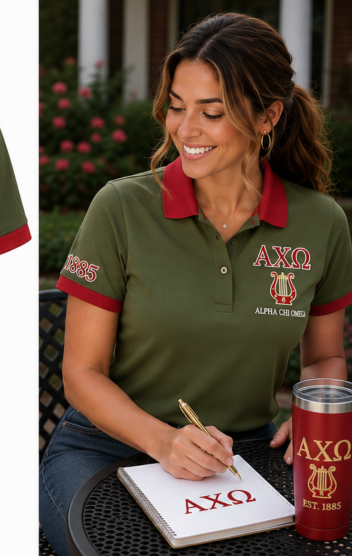 2 Tone Olive Green & Scarlet Alpha Chi Omega Embroidered Polo Shirt – Personalized Sorority Polo - product image 3