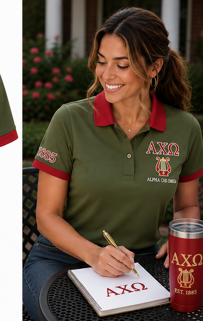 2 Tone Olive Green & Scarlet Alpha Chi Omega Embroidered Polo Shirt – Personalized Sorority Polo - product image 3