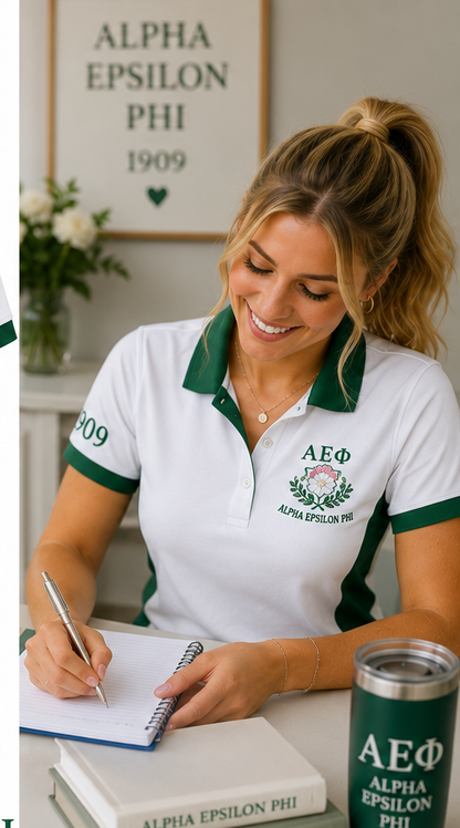 2 Tone White & Green Alpha Epsilon Phi Embroidered Polo Shirt – Personalized Sorority Polo - product image 3