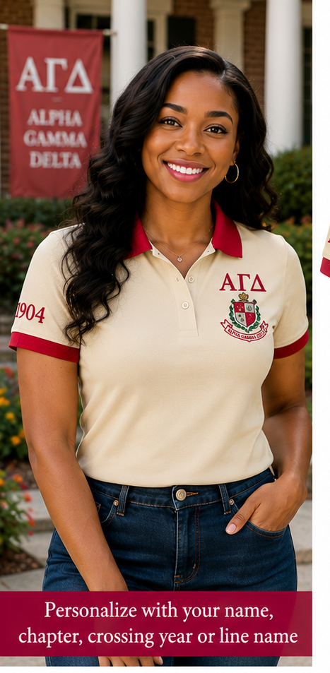 2 Tone Buff & Red Alpha Gamma Delta Embroidered Polo Shirt – Personalized Sorority Polo - product image 1
