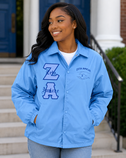 Zeta Amicae sky blue personalized line jacket with royal blue embroidered designs