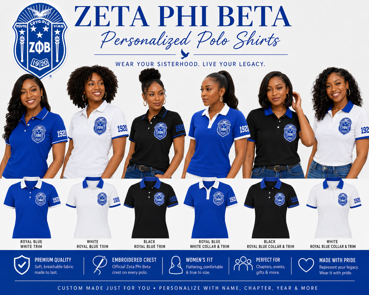 2 Tone Blue & White Zeta Phi Beta Embroidered Polo Shirt – Personalized Sorority Polo with Crest and 1920 - product image 3