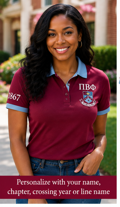 2 Tone Wine & Silver Blue Pi Beta Phi Embroidered Polo Shirt – Personalized Sorority Polo - product image 1