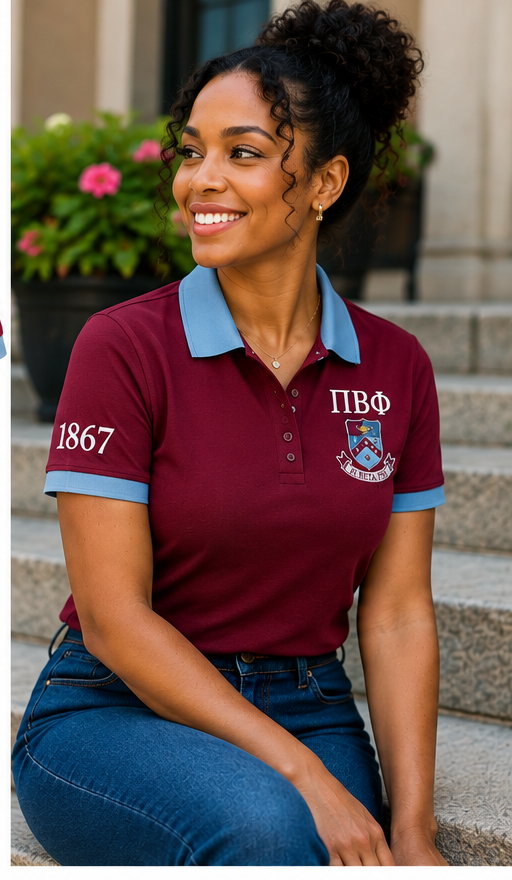 2 Tone Wine & Silver Blue Pi Beta Phi Embroidered Polo Shirt – Personalized Sorority Polo - product image 3