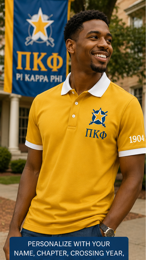 2 Tone Gold & White Pi Kappa Phi Embroidered Polo Shirt – Personalized Fraternity Polo - product image 1