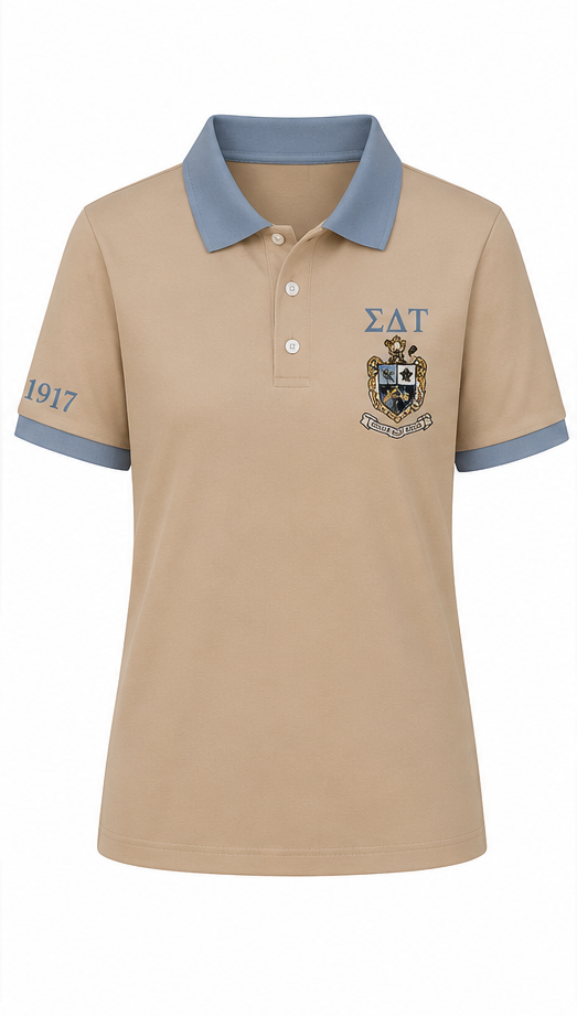 2 Tone Cafe au Lait & Old Blue Sigma Delta Tau Embroidered Polo Shirt – Personalized Sorority Polo - product image 2