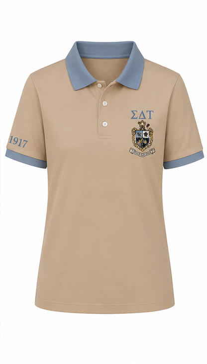 2 Tone Cafe au Lait & Old Blue Sigma Delta Tau Embroidered Polo Shirt – Personalized Sorority Polo - product image 2