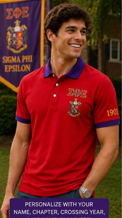 2 Tone Red & Purple Sigma Phi Epsilon Embroidered Polo Shirt – Personalized Fraternity Polo - product image 1