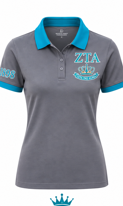 2 Tone Steel Gray & Turquoise Blue Zeta Tau Alpha Embroidered Polo Shirt – Personalized Sorority Polo - product image 2