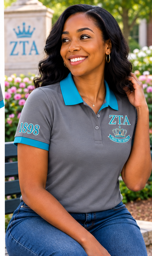 2 Tone Steel Gray & Turquoise Blue Zeta Tau Alpha Embroidered Polo Shirt – Personalized Sorority Polo - product image 3
