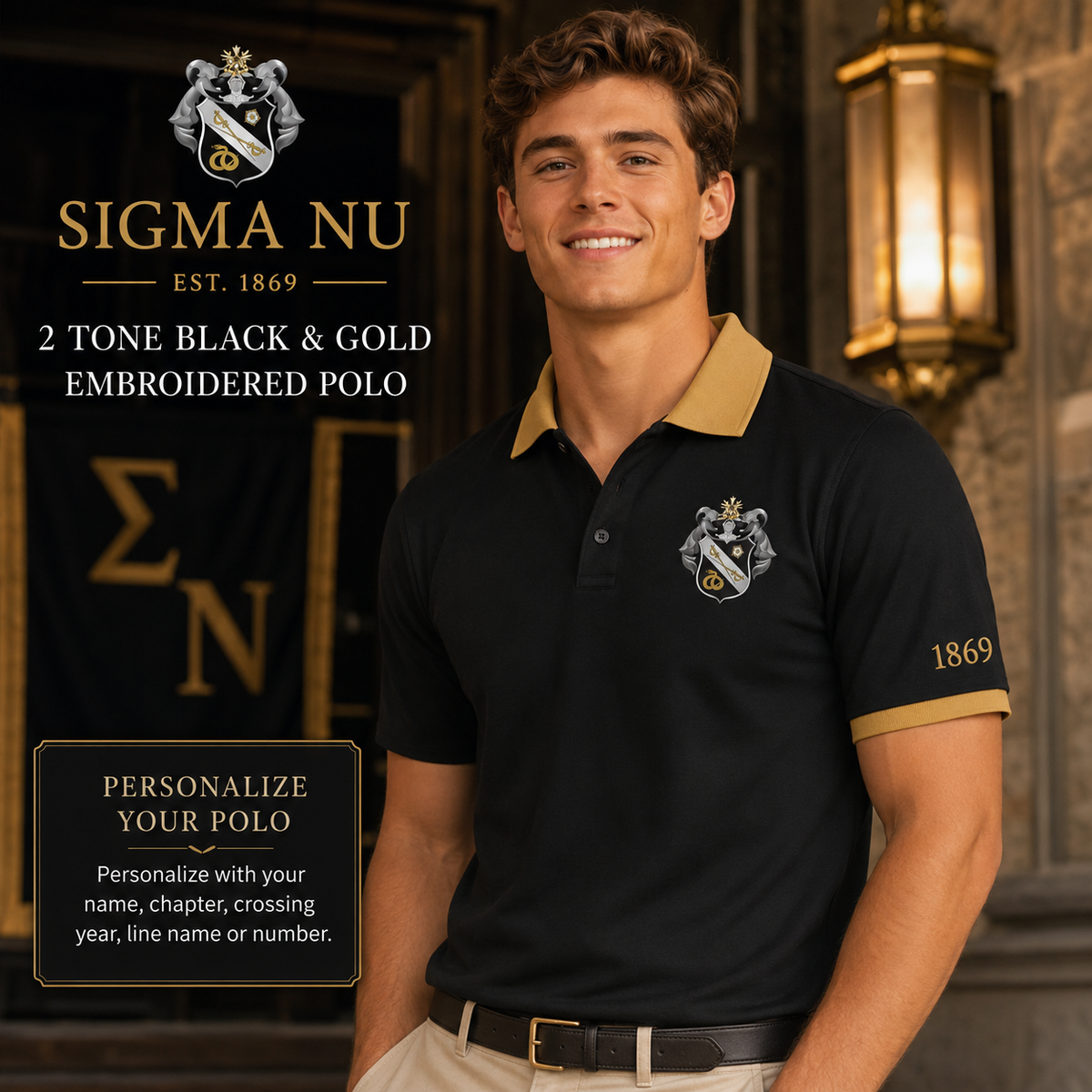 2 Tone Black & Gold Sigma Nu Embroidered Polo Shirt – Personalized Fraternity Polo - product image 1