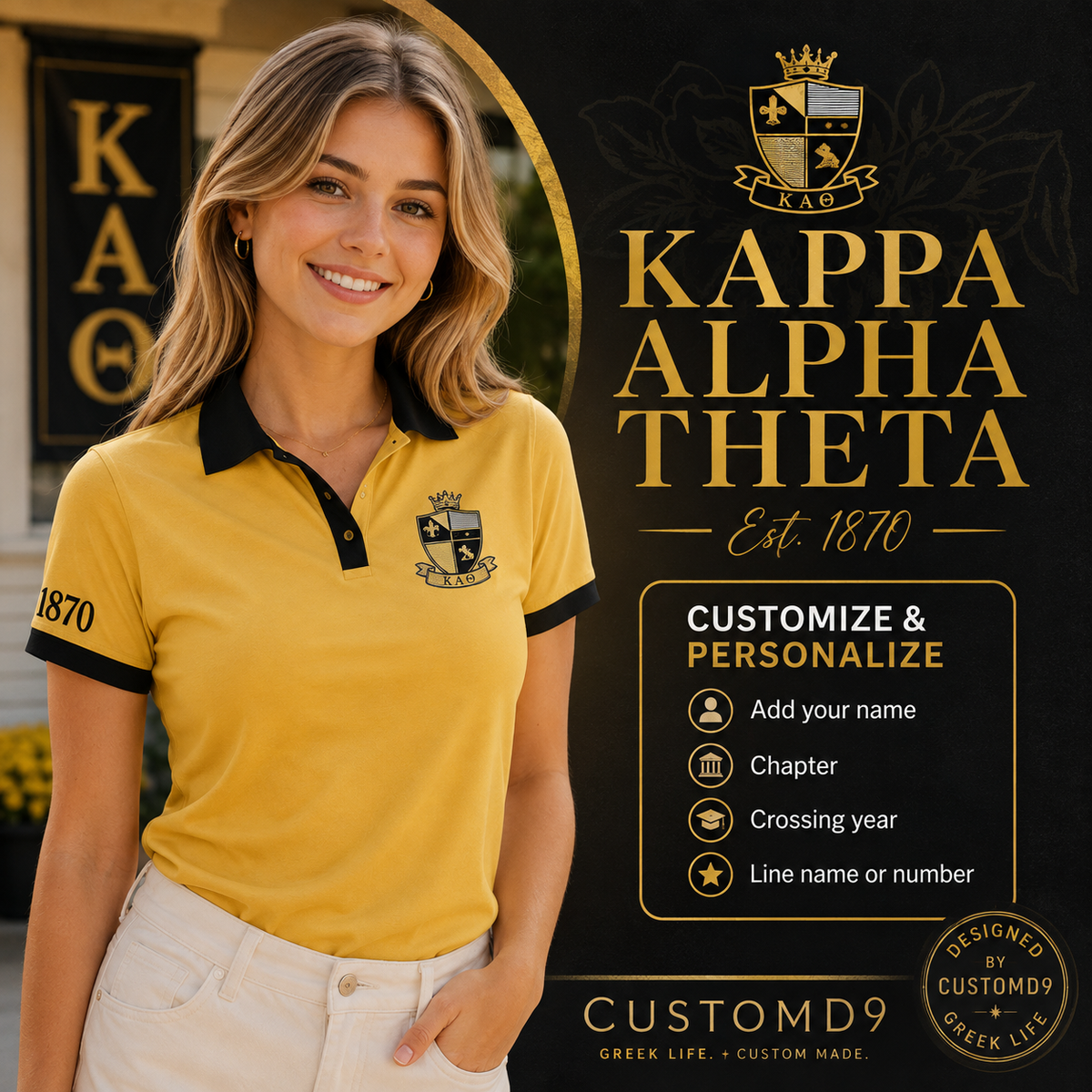 2 Tone Gold & Black Kappa Alpha Theta Embroidered Polo Shirt – Personalized Sorority Polo - product image 1