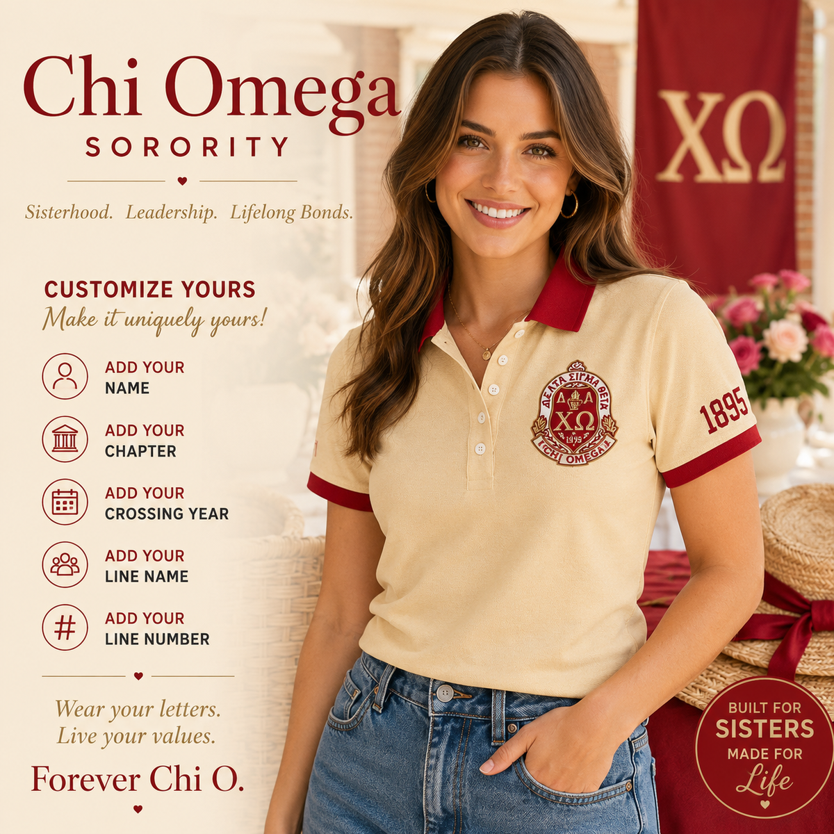 2 Tone Straw & Cardinal Chi Omega Embroidered Polo Shirt – Personalized Sorority Polo - product image 1