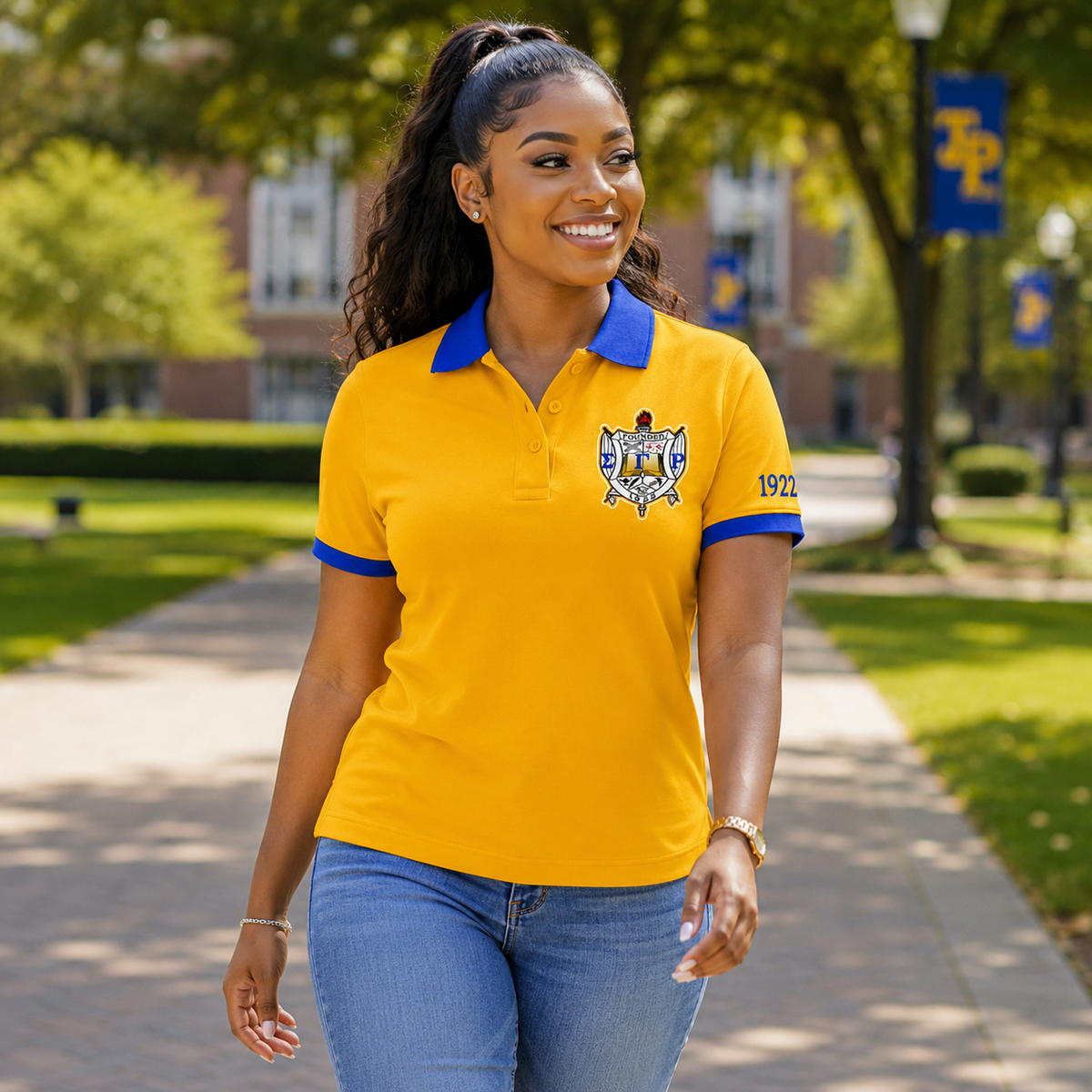 2 Tone Gold & Royal Blue Sigma Gamma Rho Embroidered Polo Shirt – Personalized Sorority Polo - product image 1